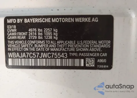 2018 BMW 530I xDrive z USA, uszkodzony, nr VIN WBAJA7C57JWC75543